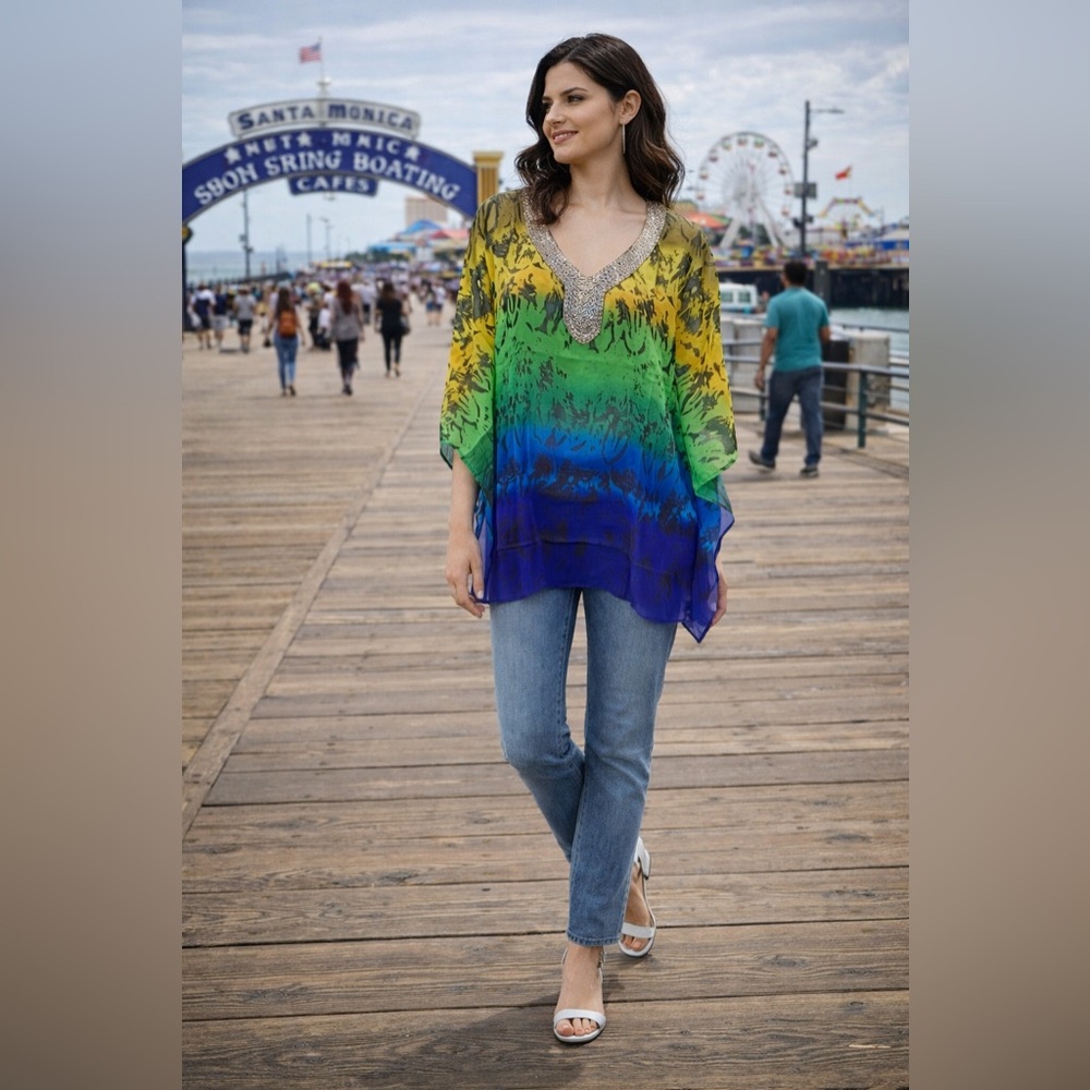 Joan Boyce Multi Color Chiffon Tunic V-Neck w/Silver Beaded Trim Missy NWT $99 - Picture 3 of 15